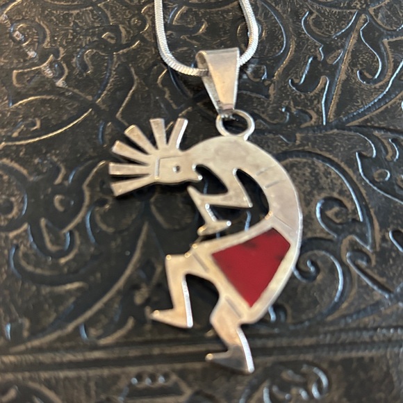 Artisan Mexican Silver Kokopelli Necklace with Red Accent - Picture 3 of 4